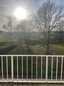 uma cerca branca em frente a um campo com árvores em Hotel de la Station em Scheidgen