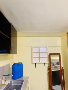 a kitchen with a sink and a window at Perlies Inn Studio House with NETFLIX in Tanay