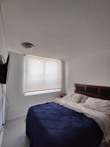 a bedroom with a bed with a blue comforter and a window at Sector Av. Brasil 1D1B - 4P edificio in Antofagasta +12 photos