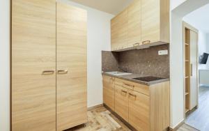 a kitchen with wooden cabinets and a sink at Apartmány Sladký sen in Kežmarok