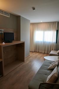 ein Wohnzimmer mit einem Sofa und einem Schreibtisch mit einem TV in der Unterkunft Hotel L'Algadir del Delta in El Poble Nou del Delta