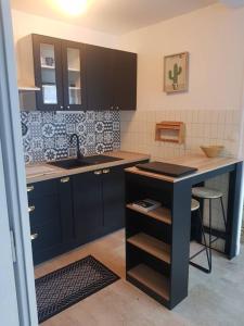 uma cozinha com armários azuis e um lavatório em Magnifique T2 au centre ville em Cluses