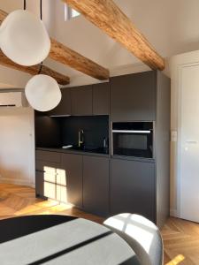 kuchnia z czarnymi szafkami i sufitem z dwoma światłami w obiekcie O verso du Château - STUDIO 22 w mieście Barr