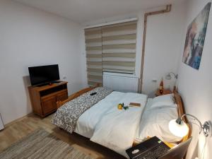 Schlafzimmer mit einem Bett und einem Schreibtisch mit einem Laptop in der Unterkunft Midori Zlatar in Nova Varoš