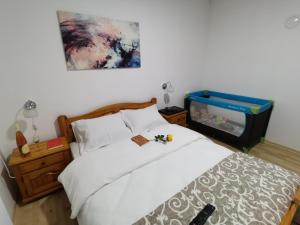una camera da letto con un letto bianco e una tv di Midori Zlatar a Nova Varoš