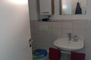 Wohnung Rheintal im Alpenvorland في Batschuns: حمام أبيض مع حوض ومرآة