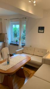 uma sala de estar com um sofá e uma mesa em Apartment close to the center + free parking em Oldenburg