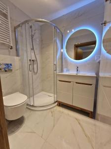 a bathroom with a shower and a toilet and a sink at Villa Cristal in Świnoujście