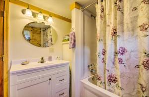 a bathroom with a sink and a shower curtain at Florence Cabin with On-Site Creek! in Florence