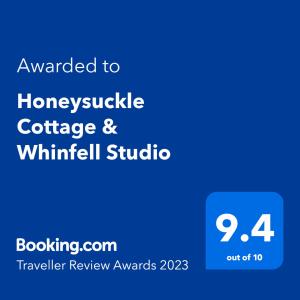 uma imagem do chalé indisponível e do logótipo do estúdio virtual em Honeysuckle Cottage & Whinfell Studio em Penrith