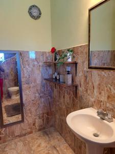 y baño con lavabo y ducha con espejo. en Southaven Oasis 