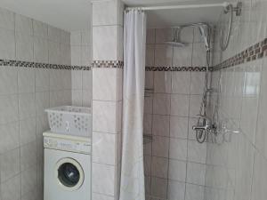 a bathroom with a washing machine and a shower at Ochmanns Ferienwohnung in Meschede