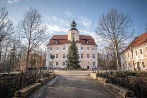 een groot gebouw met een kerstboom ervoor bij Ferienwohnung Josephine in Vetschau