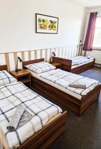 a group of three beds in a room at Hotel Zimní stadion in Nymburk