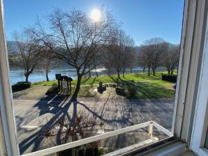 una ventana abierta con vistas a un parque en Weingut Krupka Riverside, en Kröv