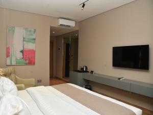 a hotel room with a bed and a flat screen tv at Vertigo Hotel in Lagos