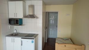 a small kitchen with a sink and a microwave at Hostel Nele in Jõhvi