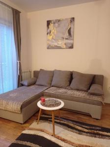 Zvezdara的住宿－NMD Apartments，客厅配有沙发和桌子