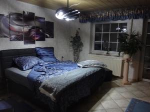Schlafzimmer mit einem Bett mit blauer Bettwäsche und Bildern an der Wand in der Unterkunft Haus Eifelinchen in Schleiden