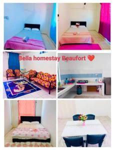 Bella Homestay Beaufort Sabah في بوفورت: ملصق بأربع صور لغرفة نوم