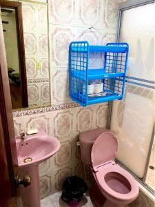 baño con aseo rosa y lavamanos en Casa nómada Puyo, en Puyo