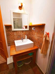 a bathroom with a white sink and a mirror at Mazurski Ogród - dom z ogrodem, kominkiem i wiatą biesiadną in Wydminy