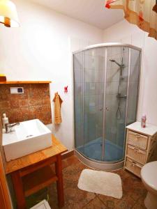 a bathroom with a glass shower and a sink at Mazurski Ogród - dom z ogrodem, kominkiem i wiatą biesiadną in Wydminy