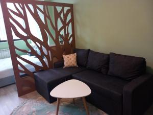 a living room with a black couch and a table at Apartman Reset in Pale