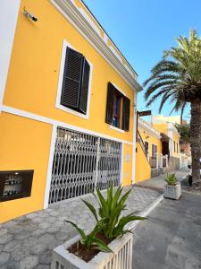 a yellow building with a gate and a palm tree at Orietta Residencial in Mindelo