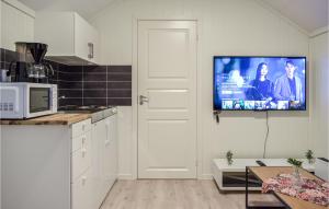 a kitchen with a microwave and a tv on the wall at Cozy Apartment In rdalstangen With Wifi in Årdalstangen
