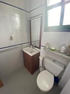 a bathroom with a white toilet and a sink at CASA SANDRA COCOSOL in Costa de Antigua