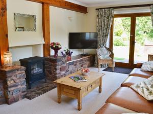 sala de estar con chimenea y TV en Linnets, en Fitzhead