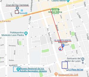 a map showing the location of the melbourne regional data center at El Huerto Hostel in Ica