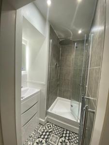 e bagno con doccia, servizi igienici e lavandino. di 1 Bed Apartment (sleeps 4) on Leith Walk a Edimburgo