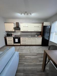 a kitchen with white cabinets and a black refrigerator at Horseleap BNB in Moate
