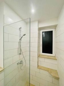 a bathroom with a glass shower with a window at Exklusives Apartment nahe VW-Halle in Braunschweig