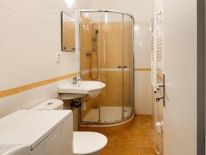 a bathroom with a shower and a toilet and a sink at Savor Apartment in Prague