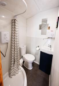 a small bathroom with a toilet and a sink at Woodshed Pod in Fort William