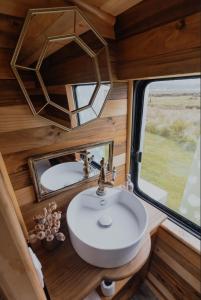 a bathroom with a sink and a mirror at Bus Casa en observatorio de aves in Puerto Montt