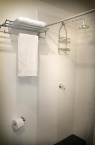 a bathroom with a shower with a roll of toilet paper at Aqua Loft in Quito