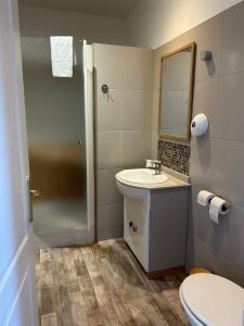 a bathroom with a sink and a toilet and a mirror at Rive Gauche in Saumur