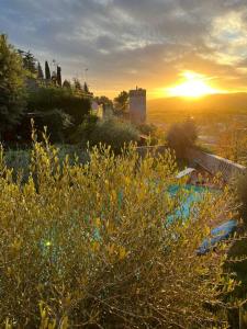 斯佩洛的住宿－Casa Porta Fontevecchia panoramica，落在一片带建筑和灌木丛的田野上的日落