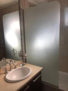 uma casa de banho com um lavatório e um espelho grande em Hermoso departamento en Chivilcoy em Chivilcoy
