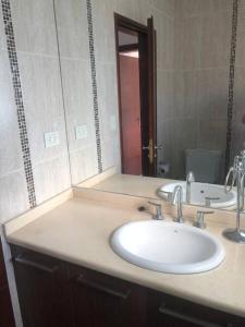 uma casa de banho com um lavatório e um espelho em Hermoso departamento en Chivilcoy em Chivilcoy