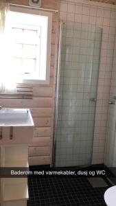 een badkamer met een wastafel en een douche met een raam bij Koselig familiehytte på vakre Dagali - nær Geilo in Dagali