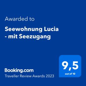 Un certificat, premiu, logo sau alt document afișat la Seewohnung Lucia - mit Seezugang