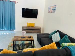 - un salon avec un canapé et une télévision dans l'établissement Wynters'Escape-gated 1 or 2 Bedroom w PuertoSecoBeach access, à Discovery Bay
