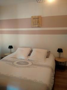 リル・シュル・ラ・ソルギュにあるLa Sorguetteのベッド1台(枕2つ付)、壁に看板