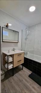 ein Badezimmer mit einem Waschbecken, einer Dusche und einer Badewanne in der Unterkunft Golden Mont Centre Appartement in Pau