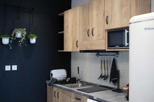 a kitchen with a sink and a microwave at Live the Local Life , Old Town Kos in Kos Town